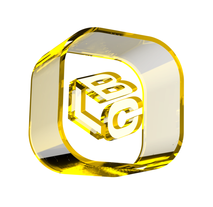 Logo dourado em 3D com as letras L, B e C dentro de um contorno oval.